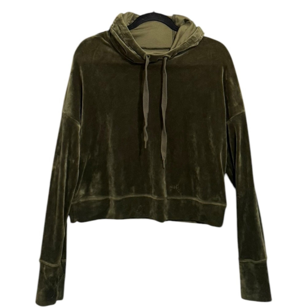 OFFLINE by Aerie After Party Velour Cropped Hoodie Olive Green Sz S Cozy
